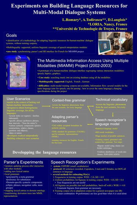 Experiments on Building Language Resources for Multi-Modal Dialogue Systems Goals identification of a methodology for adapting linguistic resources for.