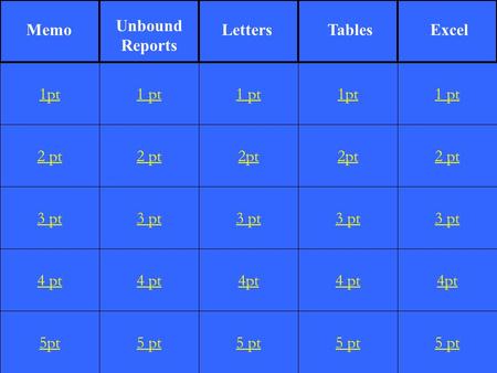 1 2 pt 3 pt 4 pt 5pt 1 pt 2 pt 3 pt 4 pt 5 pt 1 pt 2pt 3 pt 4pt 5 pt 1pt 2pt 3 pt 4 pt 5 pt 1 pt 2 pt 3 pt 4pt 5 pt 1pt Memo Unbound Reports LettersTablesExcel.