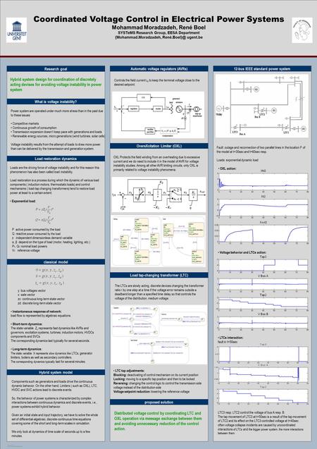 TEMPLATE DESIGN © 2008 www.PosterPresentations.com Coordinated Voltage Control in Electrical Power Systems Mohammad Moradzadeh, René Boel SYSTeMS Research.