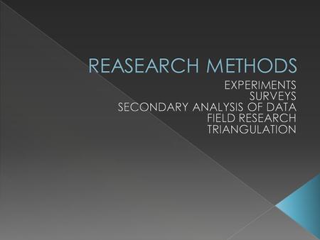 TYPES: Laboratory Experiments- studies in a closed setting, where experimenter has control over all variables. Natural Settings- Real life occurrences,