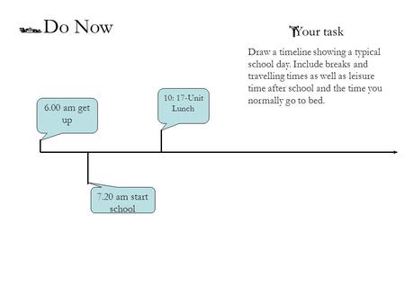 6.00 am get up 7.20 am start school 10: 17-Unit Lunch  Do Now  Your task Draw a timeline showing a typical school day. Include breaks and travelling.