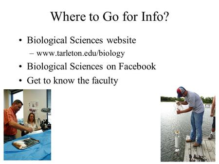 Where to Go for Info? Biological Sciences website –www.tarleton.edu/biology Biological Sciences on Facebook Get to know the faculty.