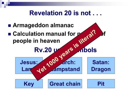 Revelation 20 is not... Armageddon almanac Calculation manual for number of people in heaven Rv.20 uses symbols Jesus: Lamb Church: Lampstand Satan: Dragon.