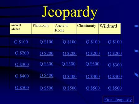 Jeopardy Q $100 Q $200 Q $300 Q $400 Q $500 Q $100 Q $200 Q $300 Q $400 Q $500 Final Jeopardy.