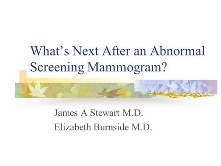 What’s Next After an Abnormal Screening Mammogram? James A Stewart M.D. Elizabeth Burnside M.D.