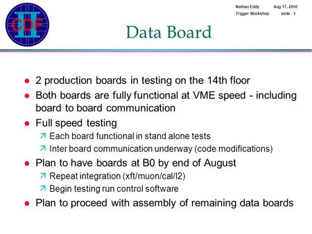 Nathan Eddy Aug 17, 2000 Trigger Workshop slide - 1 Data Board l 2 production boards in testing on the 14th floor l Both boards are fully functional at.