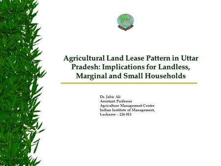 Dr. Jabir Ali Assistant Professor Agriculture Management Centre Indian Institute of Management, Lucknow – 226 013 Agricultural Land Lease Pattern in Uttar.