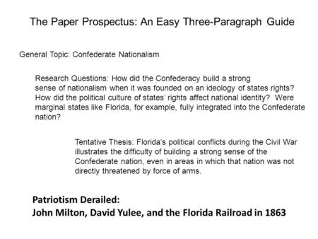 The Paper Prospectus: An Easy Three-Paragraph Guide Patriotism Derailed: John Milton, David Yulee, and the Florida Railroad in 1863 General Topic: Confederate.