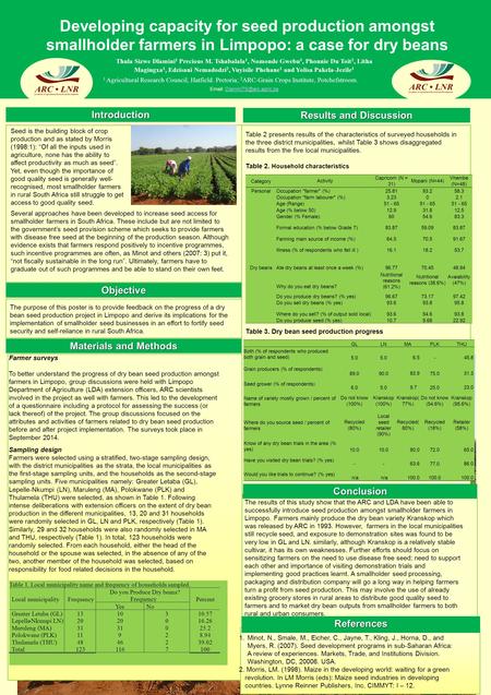 Developing capacity for seed production amongst smallholder farmers in Limpopo: a case for dry beans The purpose of this poster is to provide feedback.