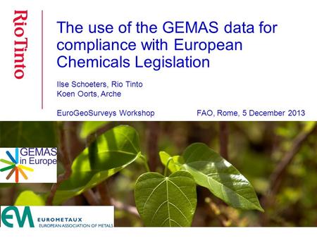 The use of the GEMAS data for compliance with European Chemicals Legislation Ilse Schoeters, Rio Tinto Koen Oorts, Arche EuroGeoSurveys Workshop FAO, Rome,