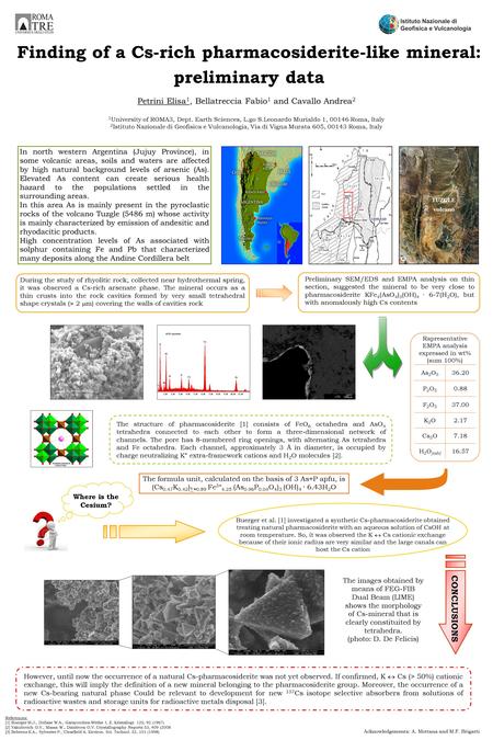 Finding of a Cs-rich pharmacosiderite-like mineral: preliminary data Petrini Elisa 1, Bellatreccia Fabio 1 and Cavallo Andrea 2 1University of ROMA3, Dept.