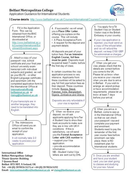 Belfast Metropolitan College Application Guidance for International Students ( Course details: