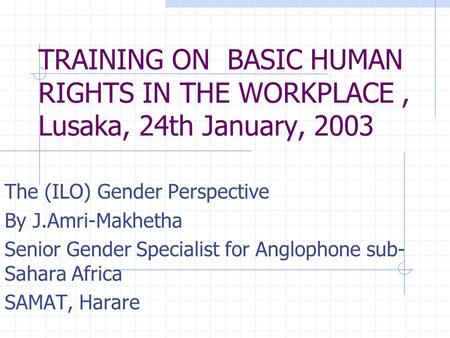 TRAINING ON BASIC HUMAN RIGHTS IN THE WORKPLACE, Lusaka, 24th January, 2003 The (ILO) Gender Perspective By J.Amri-Makhetha Senior Gender Specialist for.