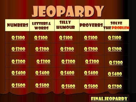 Jeopardy Solve Numbers Proverbs Q $100 Q $100 Q $100 Q $100 Q $100