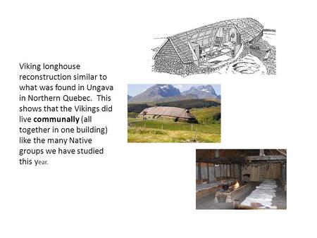 Viking longhouse reconstruction similar to what was found in Ungava in Northern Quebec. This shows that the Vikings did live communally (all together in.