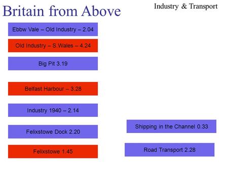 Britain from Above Belfast Harbour – 3.28 Ebbw Vale – Old Industry – 2.04 Old Industry – S.Wales – 4.24 Big Pit 3.19 Industry & Transport Industry 1940.