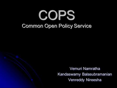 COPS Common Open Policy Service Vemuri Namratha Kandaswamy Balasubramanian Venreddy Nireesha.