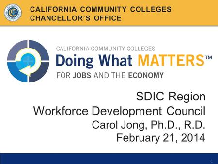 1 SDIC Region Workforce Development Council Carol Jong, Ph.D., R.D. February 21, 2014 CALIFORNIA COMMUNITY COLLEGES CHANCELLOR’S OFFICE.