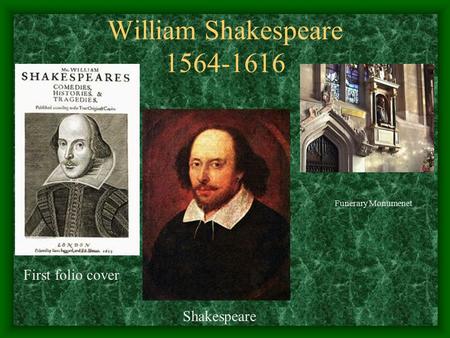 William Shakespeare 1564-1616 First folio cover Funerary Monumenet Shakespeare.