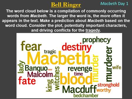 Bell Ringer The word cloud below is a compilation of commonly occurring words from Macbeth. The larger the word is, the more often it appears in the text.