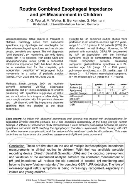 Routine Combined Esophageal Impedance and pH Measurement in Children T. G. Wenzl, M. Welter, E. Berkemeier, G. Heimann Kinderklinik, Universitätsklinikum.