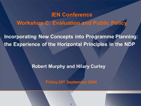 1 Incorporating New Concepts into Programme Planning: the Experience of the Horizontal Principles in the NDP Friday 24 th September 2004 IEN Conference.