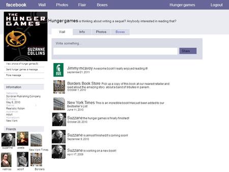 Facebook Hunger games is thinking about writing a sequel? Anybody interested in reading that? WallPhotosFlairBoxesHunger gamesLogout View photos of hunger.