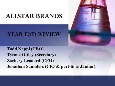 Todd Nappi (CEO) Tyrone Ottley (Secretary) Zachery Leonard (CFO) Jonathan Saunders (CIO & part-time Janitor) YEAR END REVIEW ALLSTAR BRANDS.