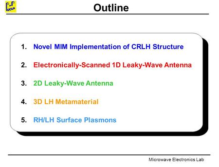 Microwave Electronics Lab Outline 1. Novel MIM Implementation of CRLH Structure 2. Electronically-Scanned 1D Leaky-Wave Antenna 3. 2D Leaky-Wave Antenna.