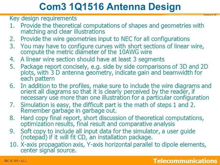 Telecommunications JBCardenas © 1982 Com3 1Q1516 Antenna Design JBC © 198 v A2,2 Key design requirements 1.Provide the theoretical computations of shapes.