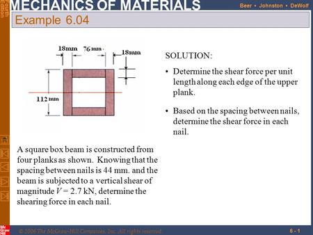 Example 6.04 SOLUTION: Determine the shear force per unit length along each edge of the upper plank. Based on the spacing between nails, determine the.