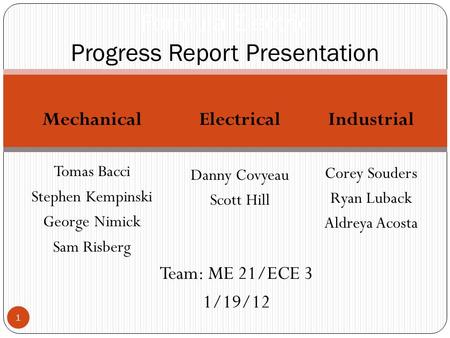 Industrial Corey Souders Ryan Luback Aldreya Acosta 1 Mechanical Tomas Bacci Stephen Kempinski George Nimick Sam Risberg Electrical Danny Covyeau Scott.