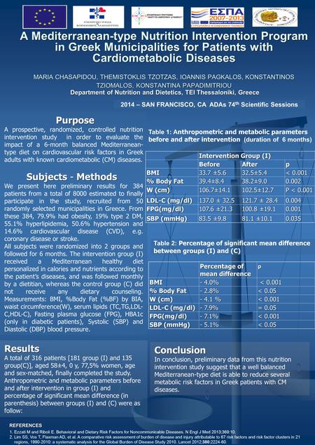 Conclusion In conclusion, preliminary data from this nutrition intervention study suggest that a well balanced Mediterranean-type diet is able to reduce.