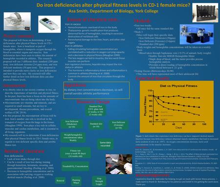 Do iron deficiencies alter physical fitness levels in CD-1 female mice? Asa Smith, Department of Biology, York College Project summary This proposal will.