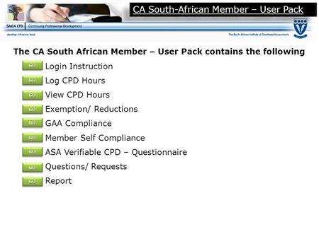 CA South-African Member – User Pack The CA South African Member – User Pack contains the following Login Instruction Log CPD Hours View CPD Hours Exemption/