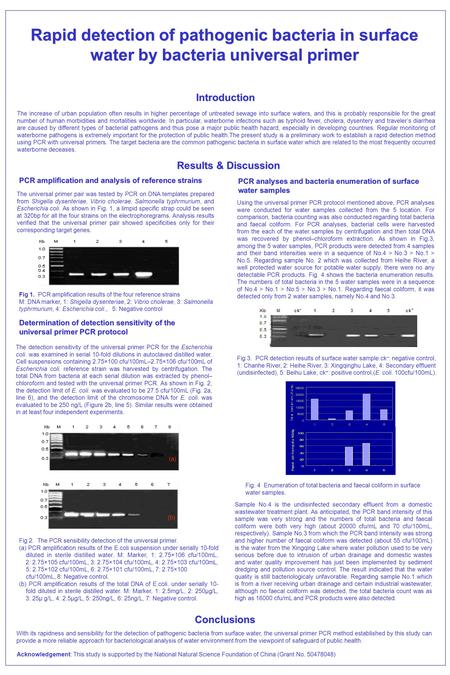 Rapid detection of pathogenic bacteria in surface water by bacteria universal primer The increase of urban population often results in higher percentage.