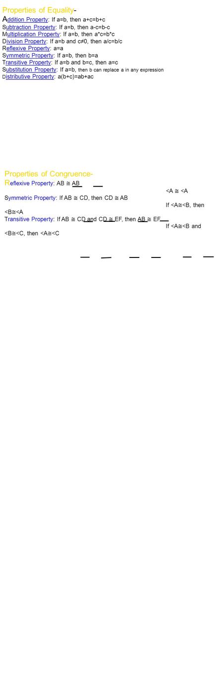 Properties of Equality- A ddition Property: If a=b, then a+c=b+c Subtraction Property: If a=b, then a-c=b-c Multiplication Property: If a=b, then a*c=b*c.