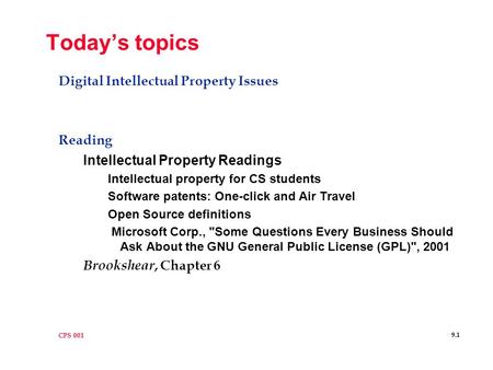 CPS 001 9.1 Today’s topics Digital Intellectual Property Issues Reading Intellectual Property Readings Intellectual property for CS students Software patents: