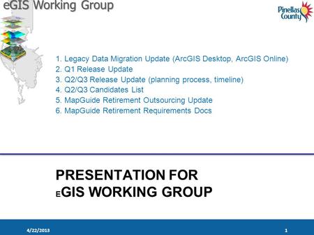 EGIS Working Group PRESENTATION FOR E GIS WORKING GROUP 1. Legacy Data Migration Update (ArcGIS Desktop, ArcGIS Online) 2. Q1 Release Update 3. Q2/Q3 Release.