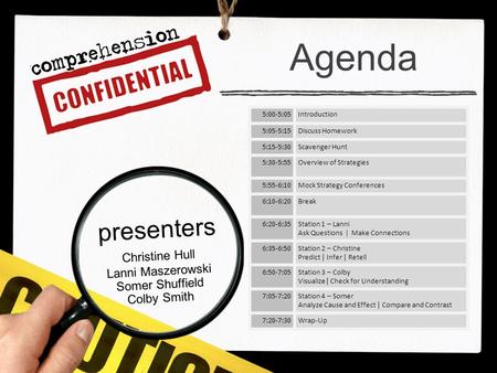 Agenda 5:00-5:05Introduction 5:05-5:15Discuss Homework 5:15-5:30Scavenger Hunt 5:30-5:55Overview of Strategies 5:55-6:10Mock Strategy Conferences 6:10-6:20Break.