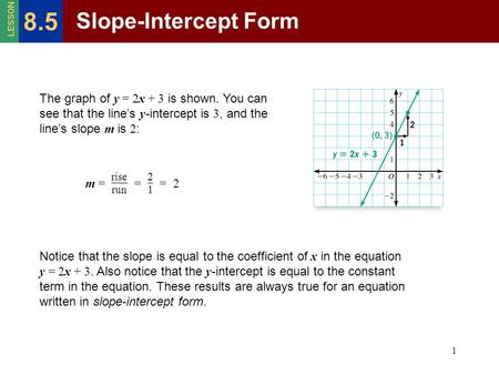 1 The graph of y = 2x + 3 is shown. You can see that the line’s y -intercept is 3, and the line’s slope m is 2 : m =2 = rise run = 2121 Slope-Intercept.