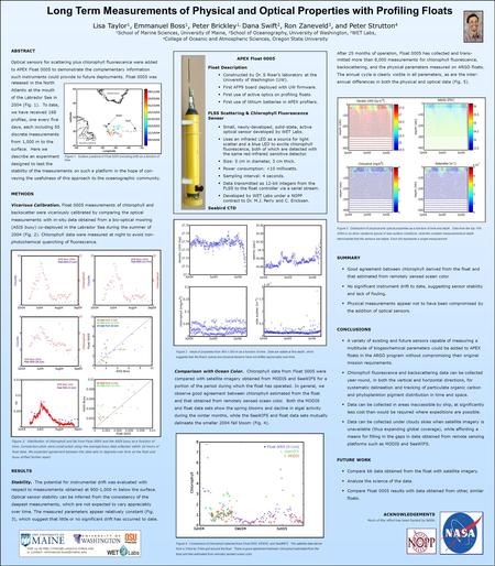 ABSTRACT Optical sensors for scattering plus chlorophyll fluorescence were added to APEX Float 0005 to demonstrate the complementary information such instruments.