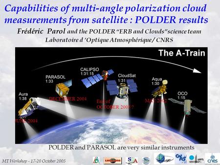 MT Workshop - 17-20 October 2005 JUNE 2004 DECEMBER 2004 End of OCTOBER 2005 ? MAY 2002 ? Capabilities of multi-angle polarization cloud measurements from.