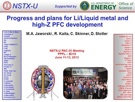 Progress and plans for Li/Liquid metal and high-Z PFC development M.A. Jaworski, R. Kaita, C. Skinner, D. Stotler NSTX-U PAC-35 Meeting PPPL – B318 June.