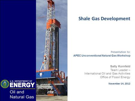 Shale Gas Development Presentation to: APEC Unconventional Natural Gas Workshop Sally Kornfeld Team Leader – International Oil and Gas Activities Office.