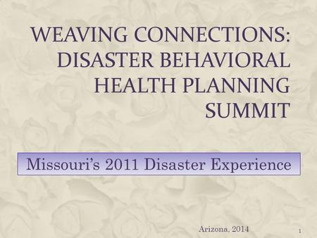 WEAVING CONNECTIONS: DISASTER BEHAVIORAL HEALTH PLANNING SUMMIT 1 Missouri’s 2011 Disaster Experience Arizona, 2014.