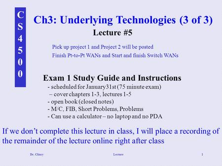 CS4500CS4500 Dr. ClincyLecture1 Ch3: Underlying Technologies (3 of 3) Exam 1 Study Guide and Instructions - scheduled for January31st (75 minute exam)