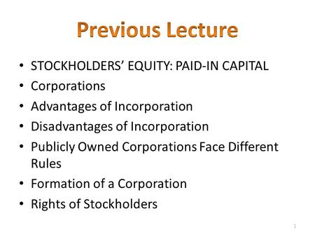 STOCKHOLDERS’ EQUITY: PAID-IN CAPITAL Corporations Advantages of Incorporation Disadvantages of Incorporation Publicly Owned Corporations Face Different.