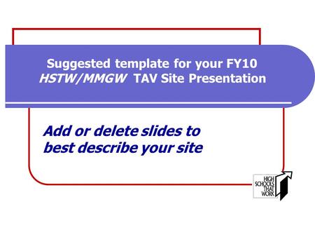 Suggested template for your FY10 HSTW/MMGW TAV Site Presentation Add or delete slides to best describe your site.