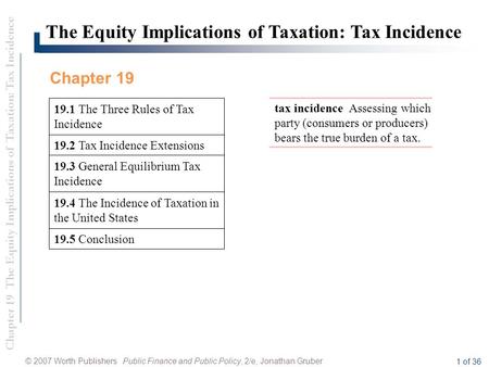 Chapter 19 The Equity Implications of Taxation: Tax Incidence © 2007 Worth Publishers Public Finance and Public Policy, 2/e, Jonathan Gruber 1 of 36 19.5.